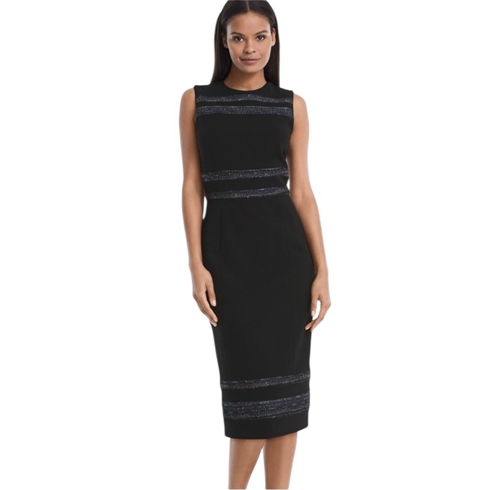 White House Black Market Black Ponte Tweed Striped Insert Knit Sheath Dress Sz 4
